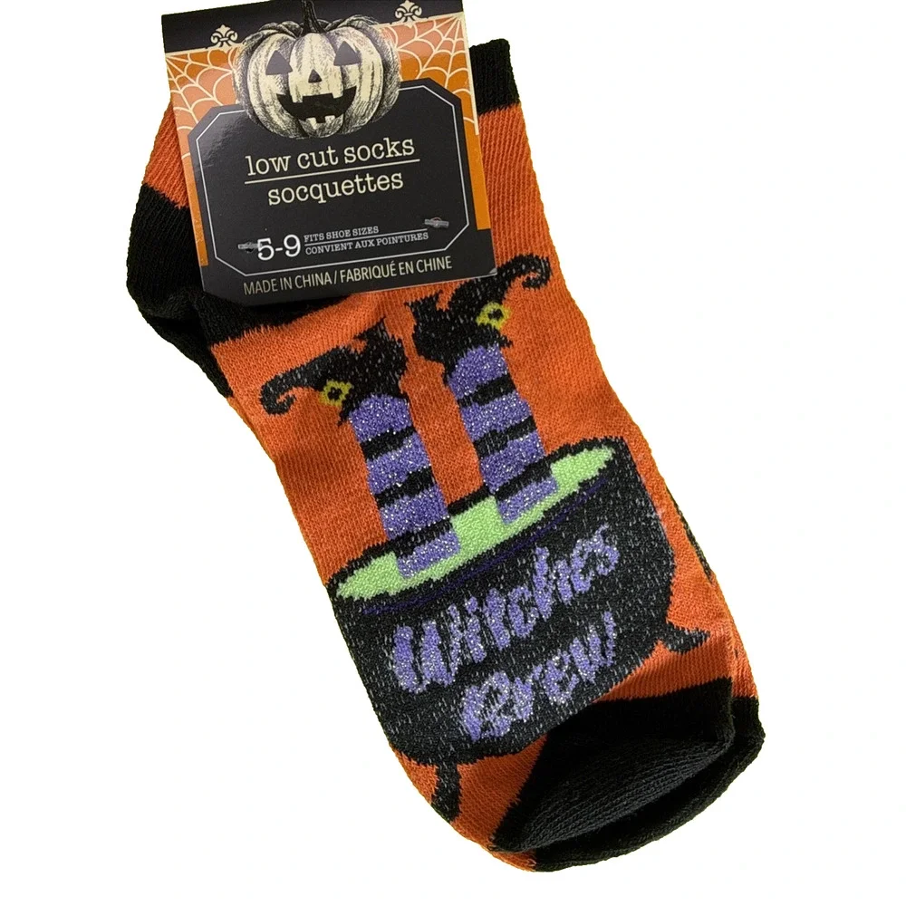 Halloween Low Cut Socks Socquettes Witches Brew Cauldron Orange Size 5-9 NWT
